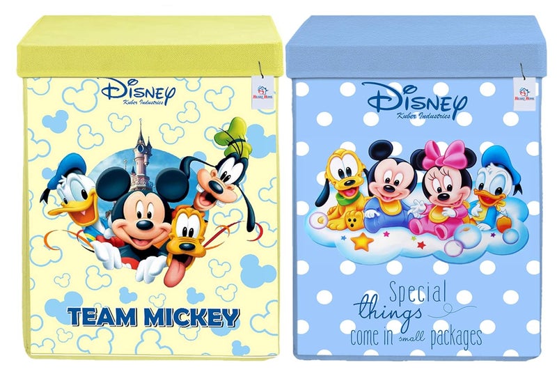 Kuber Industries Heart Home Disney Print Non Woven Fabric Foldable Laundry Basket, Toy Storage Basket, Cloth Storage Basket With Lid & Handles (Set Of 2, Royal Blue & Cream)-KUBMART16308 - Image 1