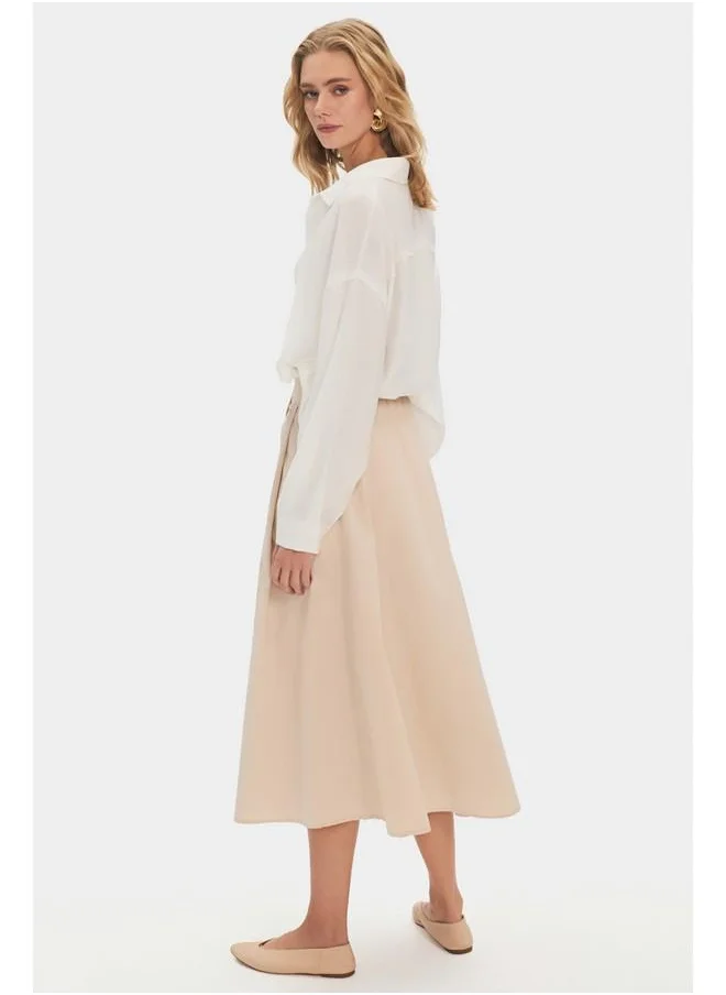 جون June Women 100% Cotton Pleated Midi Skirt Stone