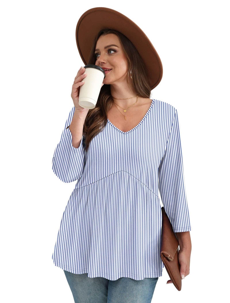 OFEEFAN Plus Size 3/4 Length Sleeve Womens Tops Spring Fashion Clothing Womens Tops Blouses for Women Dressy Casual Business Casual Outfits Teacher Outifts Sripe XL - Image 4