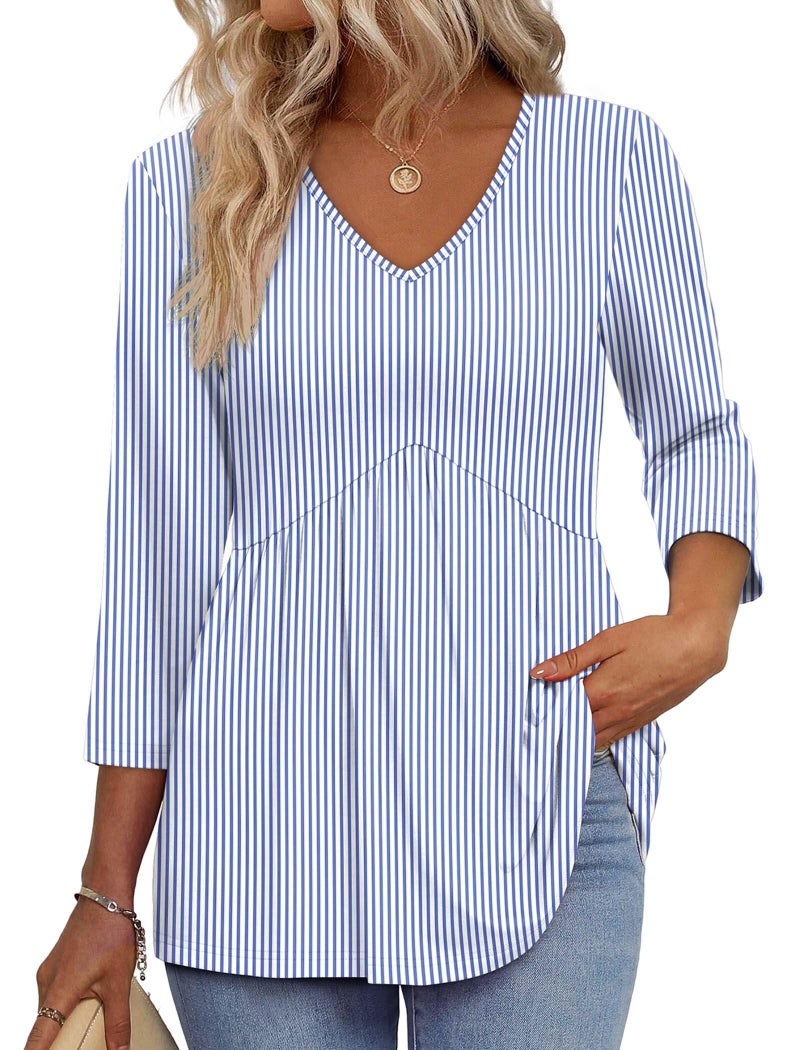 OFEEFAN Plus Size 3/4 Length Sleeve Womens Tops Spring Fashion Clothing Womens Tops Blouses for Women Dressy Casual Business Casual Outfits Teacher Outifts Sripe XL - Image 1