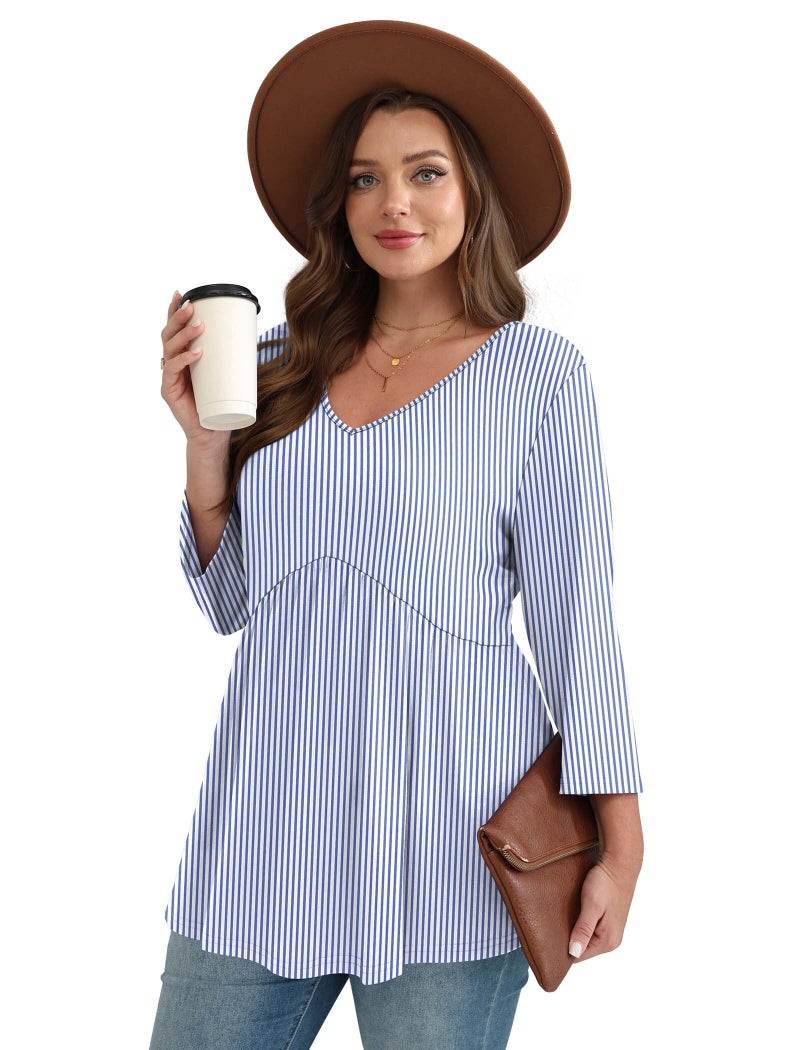 OFEEFAN Plus Size 3/4 Length Sleeve Womens Tops Spring Fashion Clothing Womens Tops Blouses for Women Dressy Casual Business Casual Outfits Teacher Outifts Sripe XL - Image 3