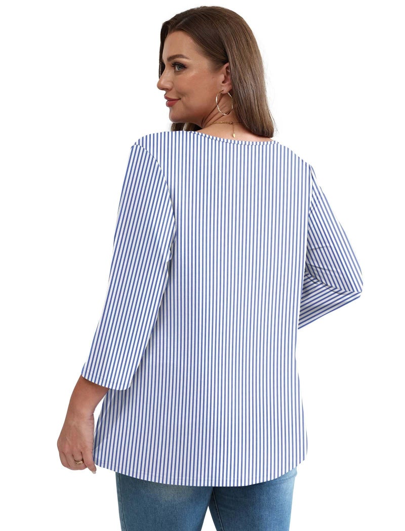 OFEEFAN Plus Size 3/4 Length Sleeve Womens Tops Spring Fashion Clothing Womens Tops Blouses for Women Dressy Casual Business Casual Outfits Teacher Outifts Sripe XL - Image 5