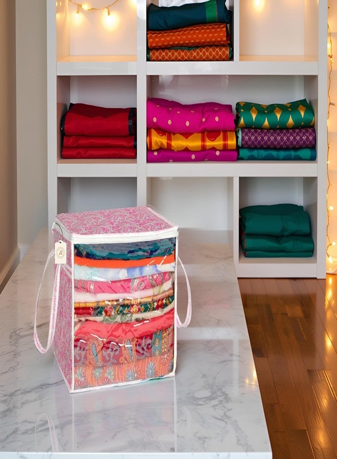 SHAPING FABRIC Pink Floral Fabric Saree Storage Bag with Transparent Front & Zipper Closure – Pack of 01 SNW-427 - Image 1