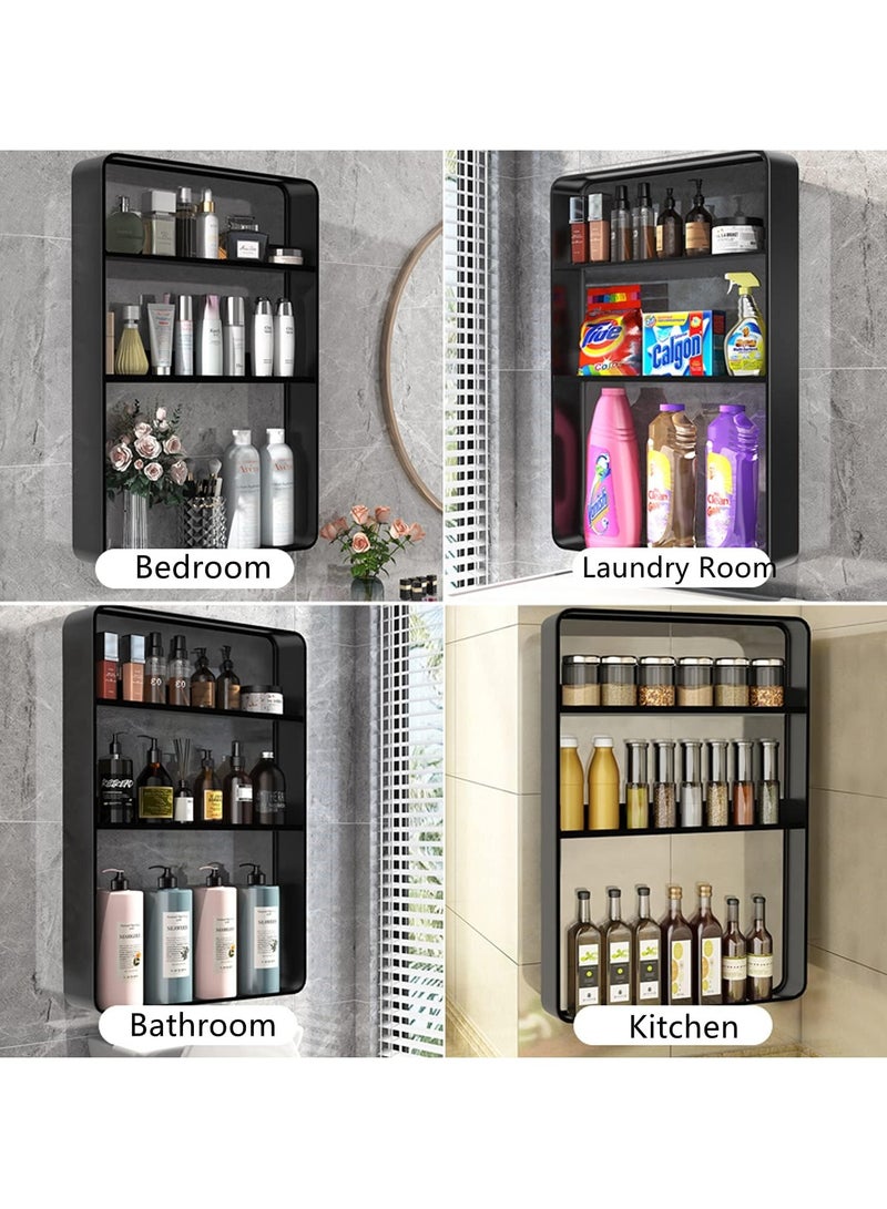 رف حمام مكون من 3 طبقات مثبت على الحائط، أرفف دش ذاتية اللصق، رف تخزين شماعات حائط من الفولاذ المقاوم للصدأ، رف منظم للحمام فوق المرحاض، أرفف أدوات لمطبخ غرفة المعيشة (أسود) - Image 3