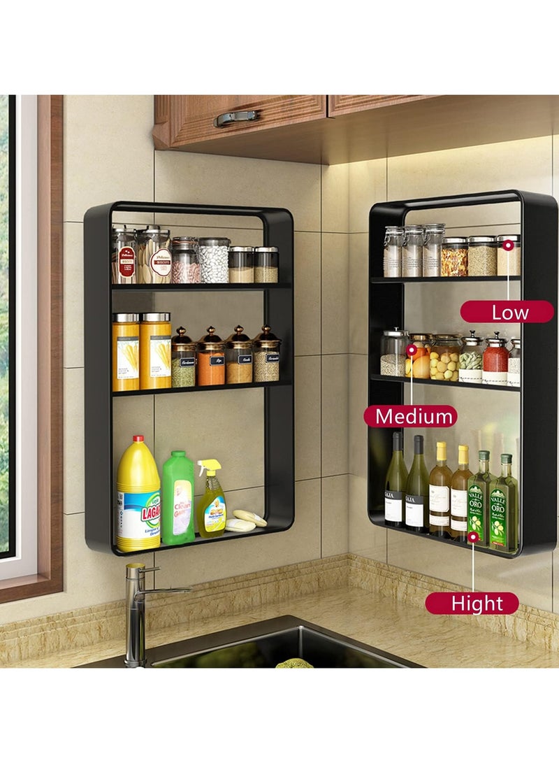 رف حمام مكون من 3 طبقات مثبت على الحائط، أرفف دش ذاتية اللصق، رف تخزين شماعات حائط من الفولاذ المقاوم للصدأ، رف منظم للحمام فوق المرحاض، أرفف أدوات لمطبخ غرفة المعيشة (أسود) - Image 4