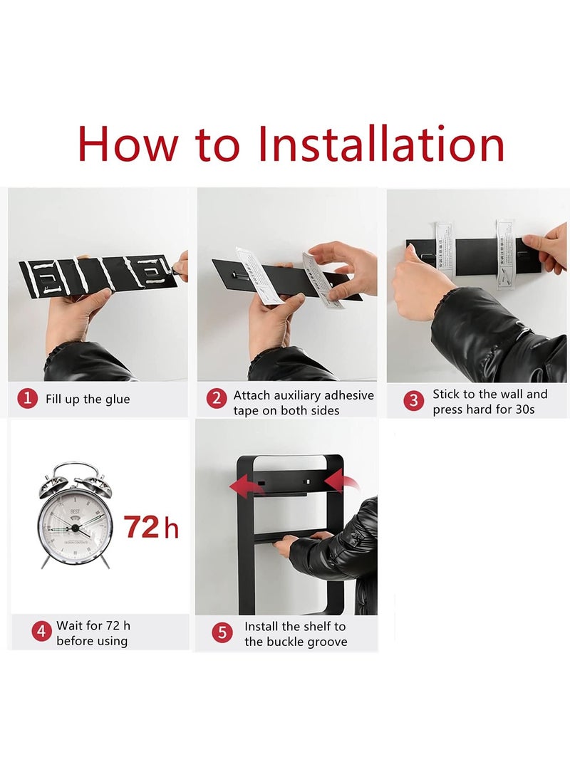 رف حمام مكون من 3 طبقات مثبت على الحائط، أرفف دش ذاتية اللصق، رف تخزين شماعات حائط من الفولاذ المقاوم للصدأ، رف منظم للحمام فوق المرحاض، أرفف أدوات لمطبخ غرفة المعيشة (أسود) - Image 5