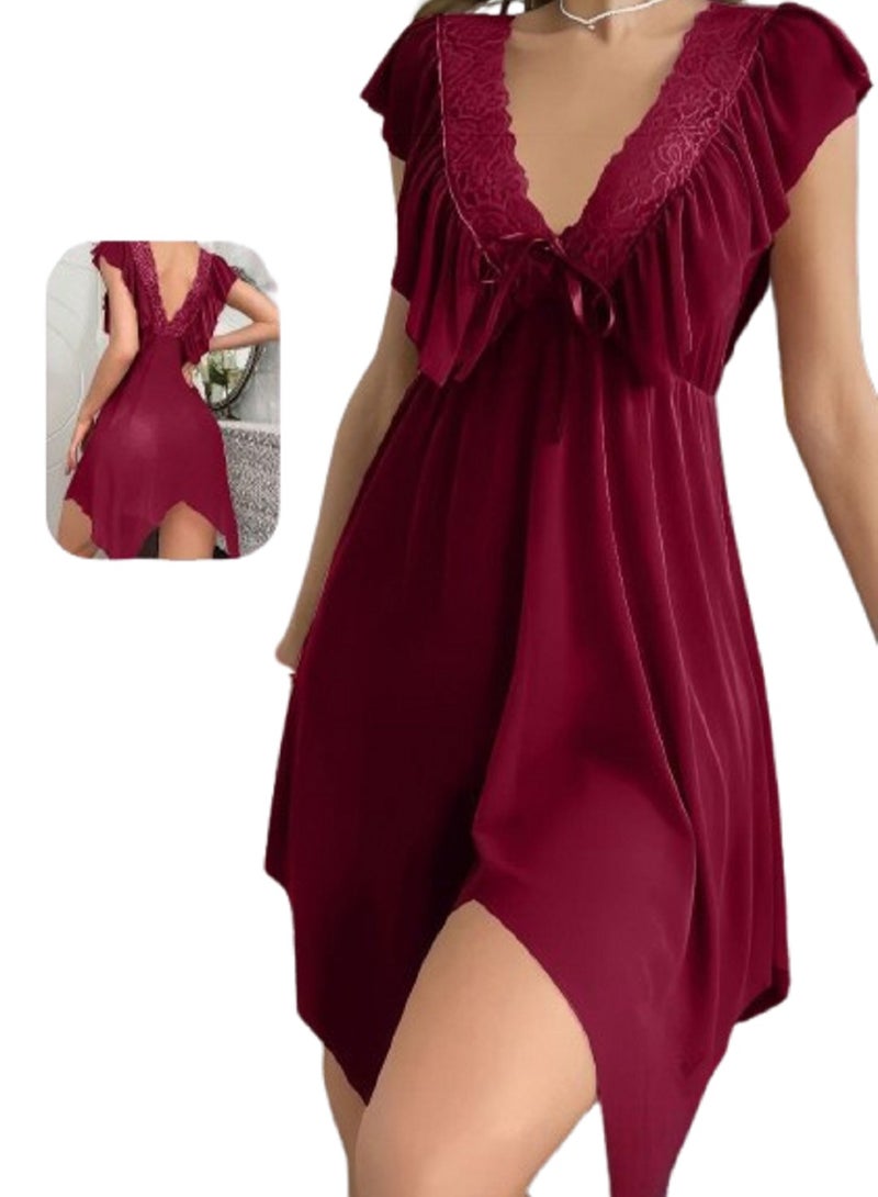 MANIKAN Lace-Trimmed Nightgown, V-Neck, Flutter Sleeves