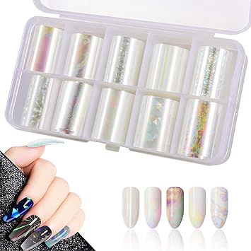 MWOOT 10 Rolls White Pearl Color Holographic Nail Foil Transfer Sticker Roll Set MixPattern Nail Art Stickers Wraps Decals Starry Sky Manicure Kit 098inchs3937inchs25cm100cm - Image 1