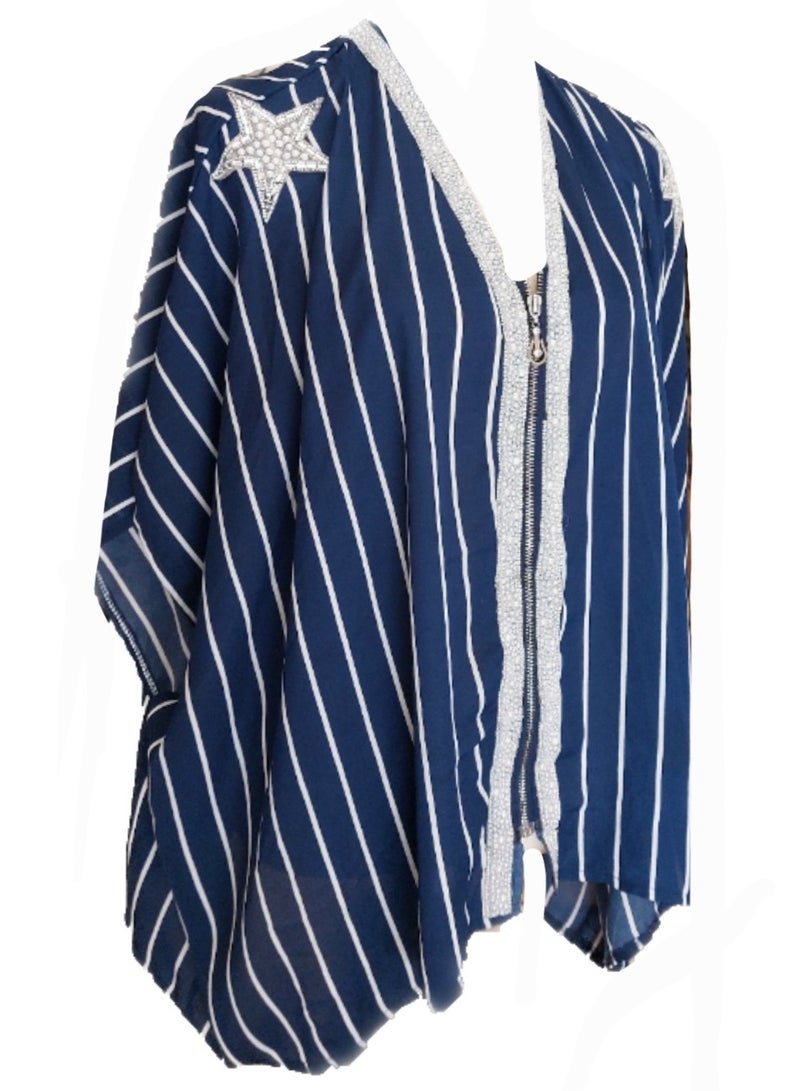 Women chiffon striped zipped blouse can be opened with sequin stars on shoulder - Image 1