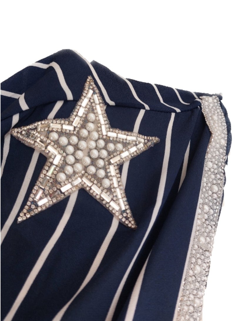 Women chiffon striped zipped blouse can be opened with sequin stars on shoulder - Image 2