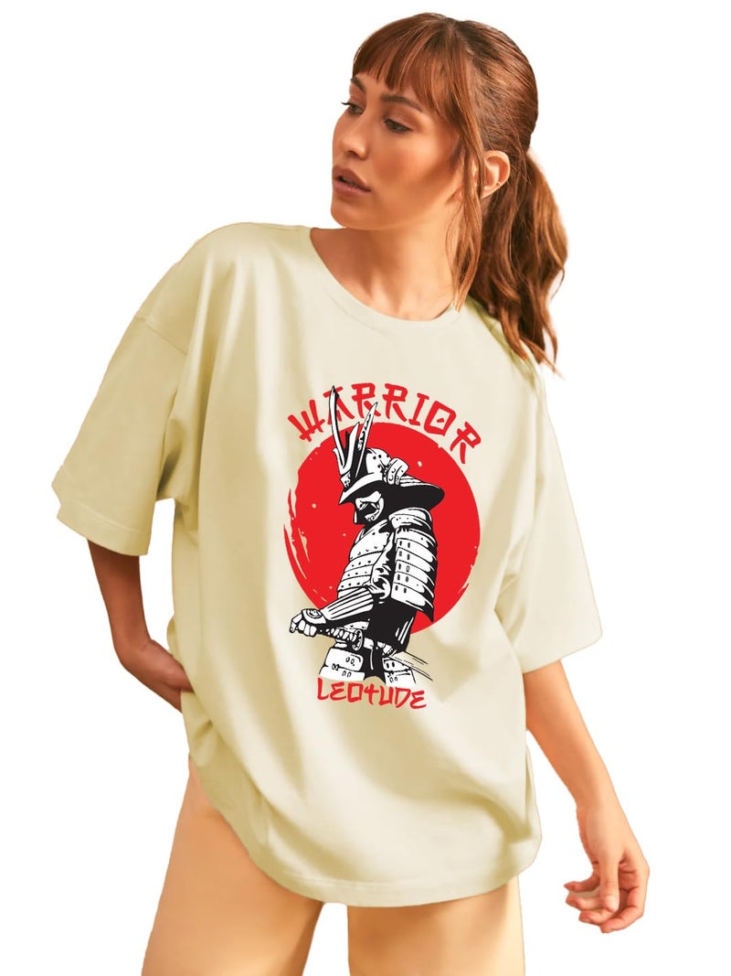 LEOTUDE Women's Cottonblend Oversized Round Neck T-Shirt (PO3_GRL49_COMB001_P_Beige_S) - Image 2