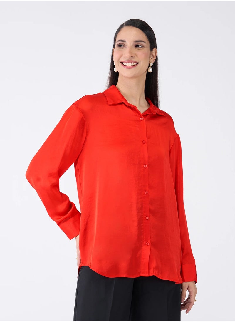Salt Attire Women's Satin Red Button-Down Shirt | Classic Collared Top with Full-Length Cuffed Sleeves & Dropped Shoulders | Luxurious, Elegant Satin Shirt  - Image 1