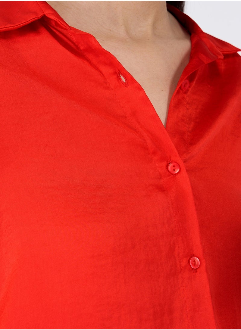 Salt Attire Women's Satin Red Button-Down Shirt | Classic Collared Top with Full-Length Cuffed Sleeves & Dropped Shoulders | Luxurious, Elegant Satin Shirt  - Image 4