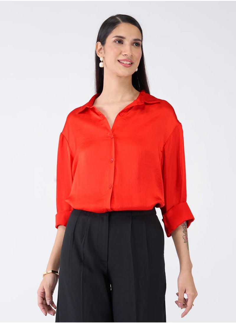 Salt Attire Women's Satin Red Button-Down Shirt | Classic Collared Top with Full-Length Cuffed Sleeves & Dropped Shoulders | Luxurious, Elegant Satin Shirt  - Image 3