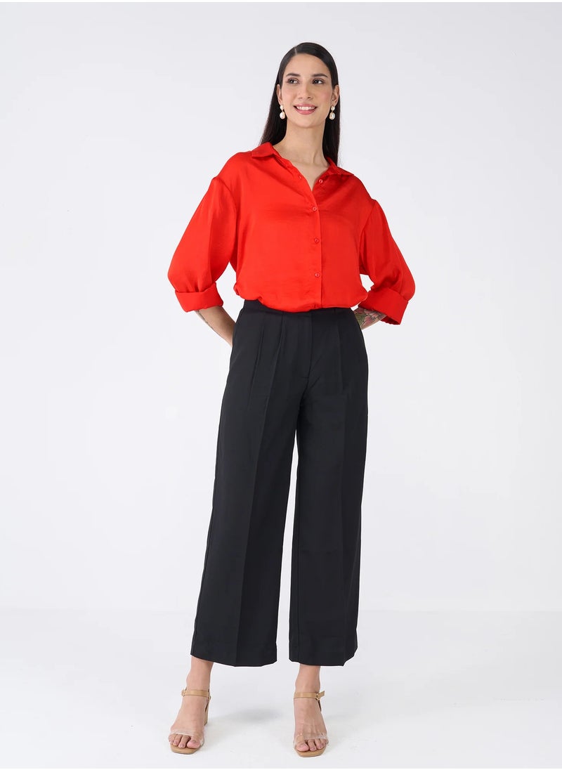 Salt Attire Women's Satin Red Button-Down Shirt | Classic Collared Top with Full-Length Cuffed Sleeves & Dropped Shoulders | Luxurious, Elegant Satin Shirt  - Image 5