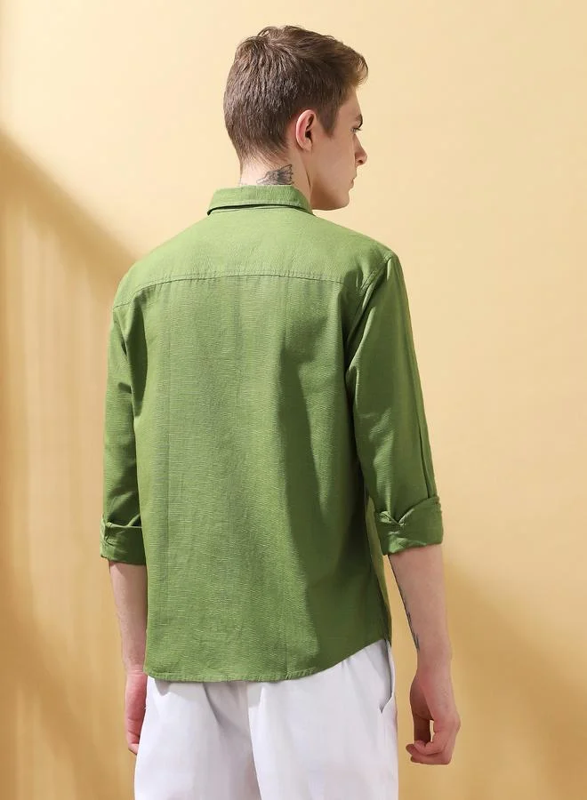 Dennis Lingo Men's Green 100% Cotton Textured Button Down Regular FiT-Shirt