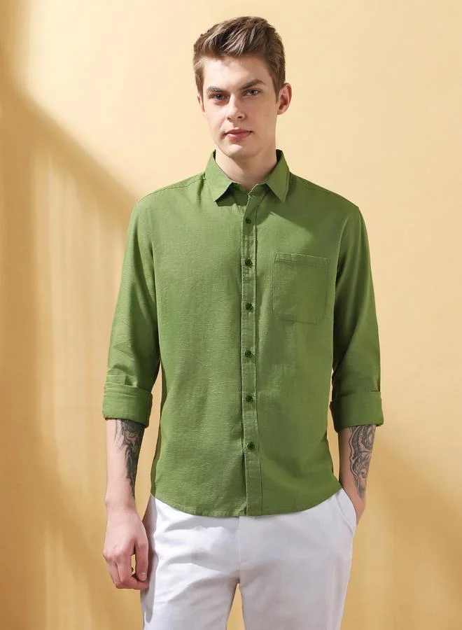 Dennis Lingo Men's Green 100% Cotton Textured Button Down Regular FiT-Shirt