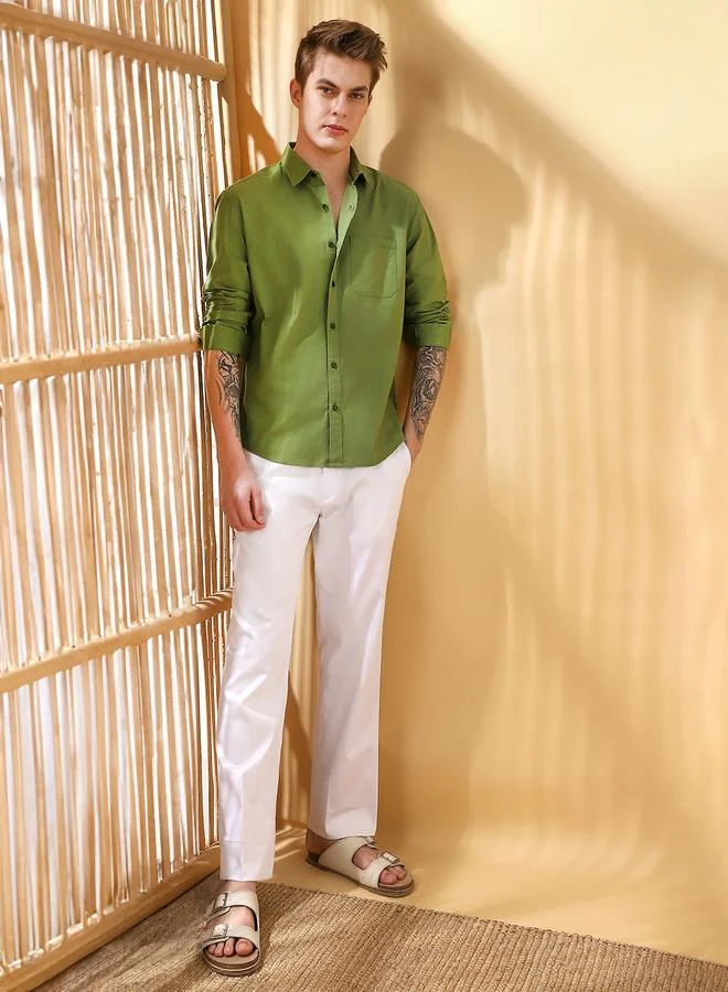 Dennis Lingo Men's Green 100% Cotton Textured Button Down Regular FiT-Shirt