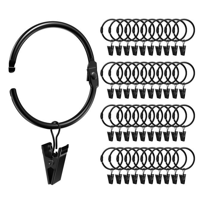 40 Pack 15 Inches Curtain Rings with Clips Openable Drapery Metal Clip Iron Drapes Hangers Decorative for Windows Rods Rustproof Black