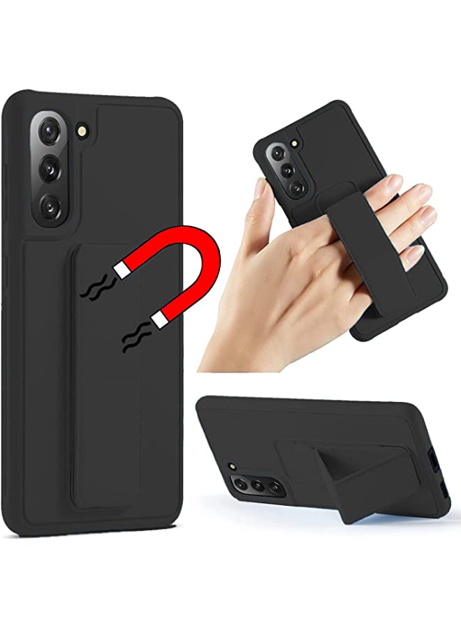 vesus Case for Samsung Galaxy S21 FE 5G, Magnetic Car Mount Kickstand & Holder, Premium Silicone Vertical & Horizontal Hand Strap and Grip with Multi Stand Black