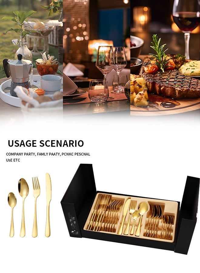 24 قطعة من الفولاذ المقاوم للصدأ مجموعة أدوات الطعام مع صندوق الهدايا خدمة مجموعة الأدوات البولندية لـ 6 ، فاخرة ثقيلة ، تصميم حديث في صندوق الهدايا مجموعة أدوات الطاولة للمطبخ المنزلي مطعم الفندق تجمعات نزهة طعام - Image 4