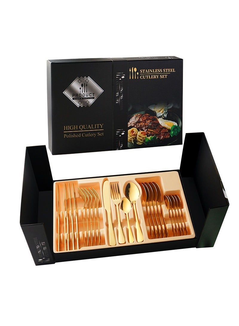 24 قطعة من الفولاذ المقاوم للصدأ مجموعة أدوات الطعام مع صندوق الهدايا خدمة مجموعة الأدوات البولندية لـ 6 ، فاخرة ثقيلة ، تصميم حديث في صندوق الهدايا مجموعة أدوات الطاولة للمطبخ المنزلي مطعم الفندق تجمعات نزهة طعام - Image 2