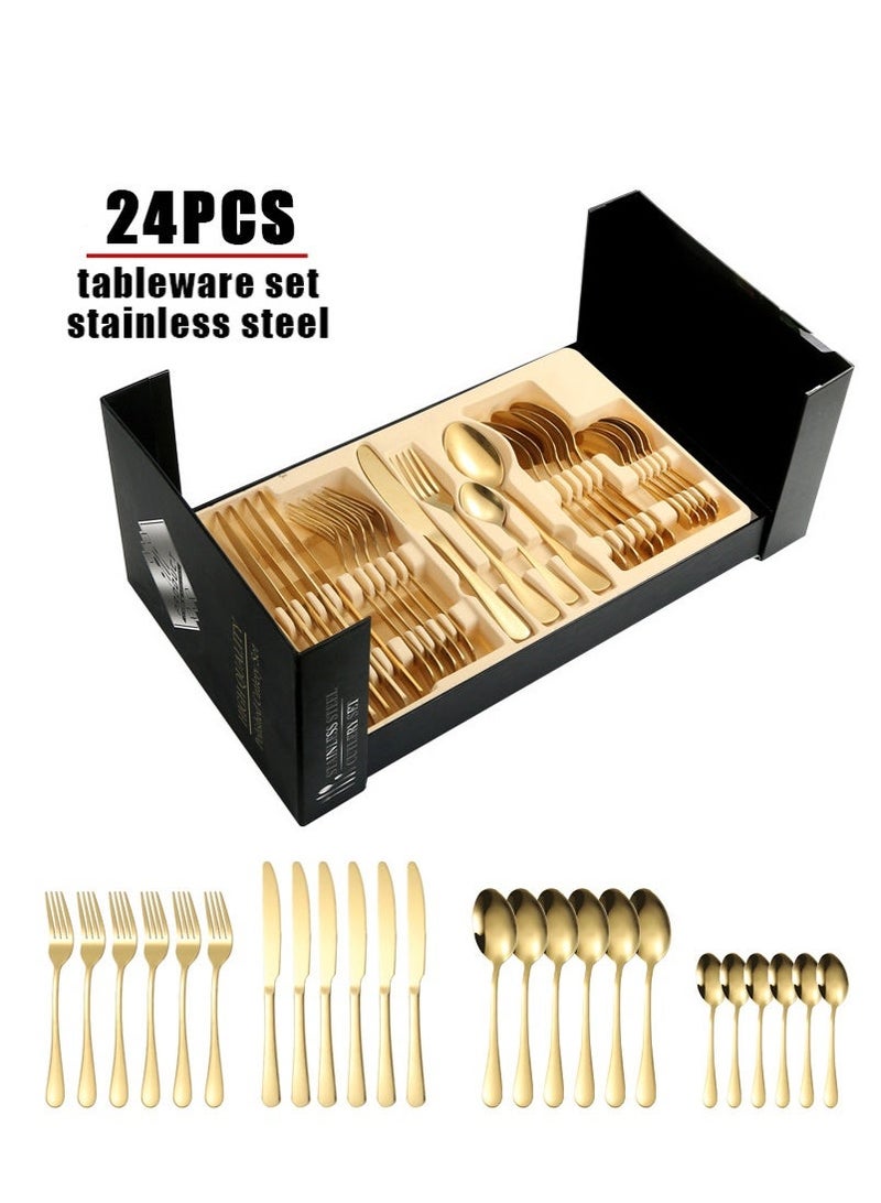 24 قطعة من الفولاذ المقاوم للصدأ مجموعة أدوات الطعام مع صندوق الهدايا خدمة مجموعة الأدوات البولندية لـ 6 ، فاخرة ثقيلة ، تصميم حديث في صندوق الهدايا مجموعة أدوات الطاولة للمطبخ المنزلي مطعم الفندق تجمعات نزهة طعام - Image 1