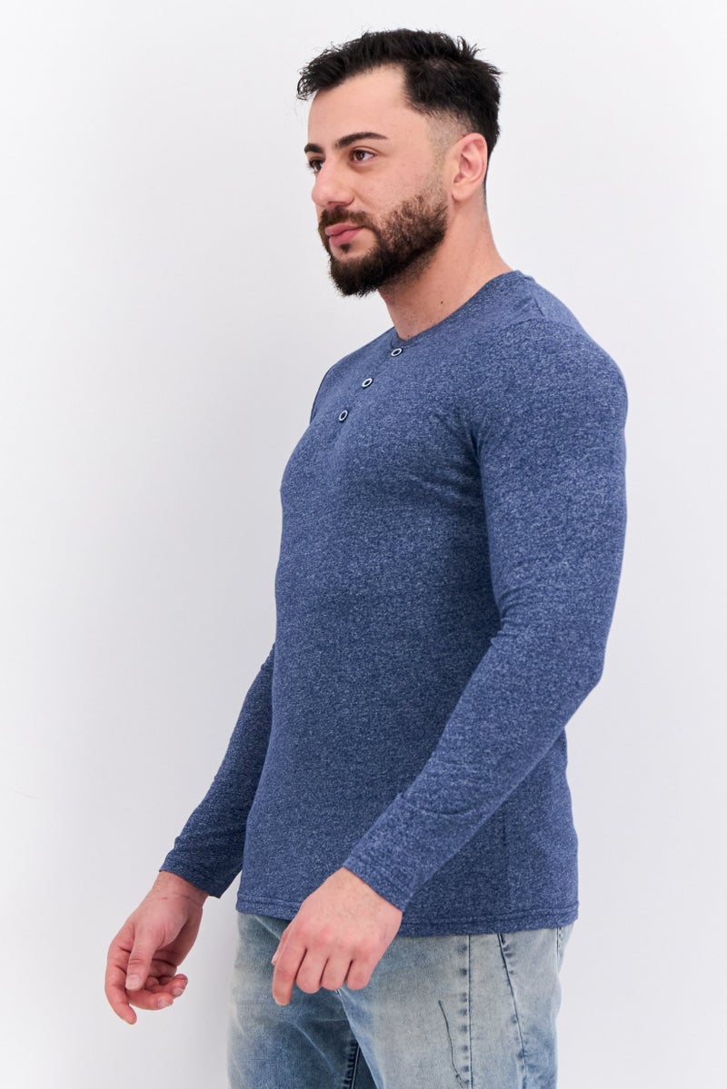 Blue Black Threads Men Henley Neck Long Sleeves Heather T-Shirts, Navy  - Image 2