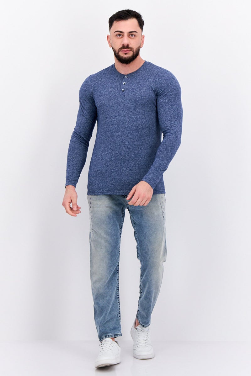 Blue Black Threads Men Henley Neck Long Sleeves Heather T-Shirts, Navy  - Image 4