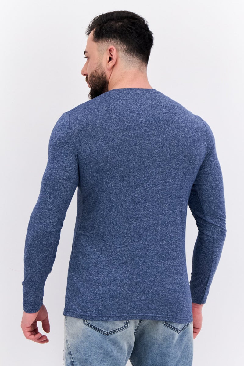 Blue Black Threads Men Henley Neck Long Sleeves Heather T-Shirts, Navy  - Image 3