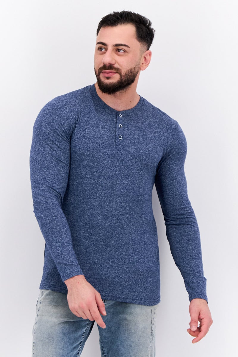Blue Black Threads Men Henley Neck Long Sleeves Heather T-Shirts, Navy  - Image 1