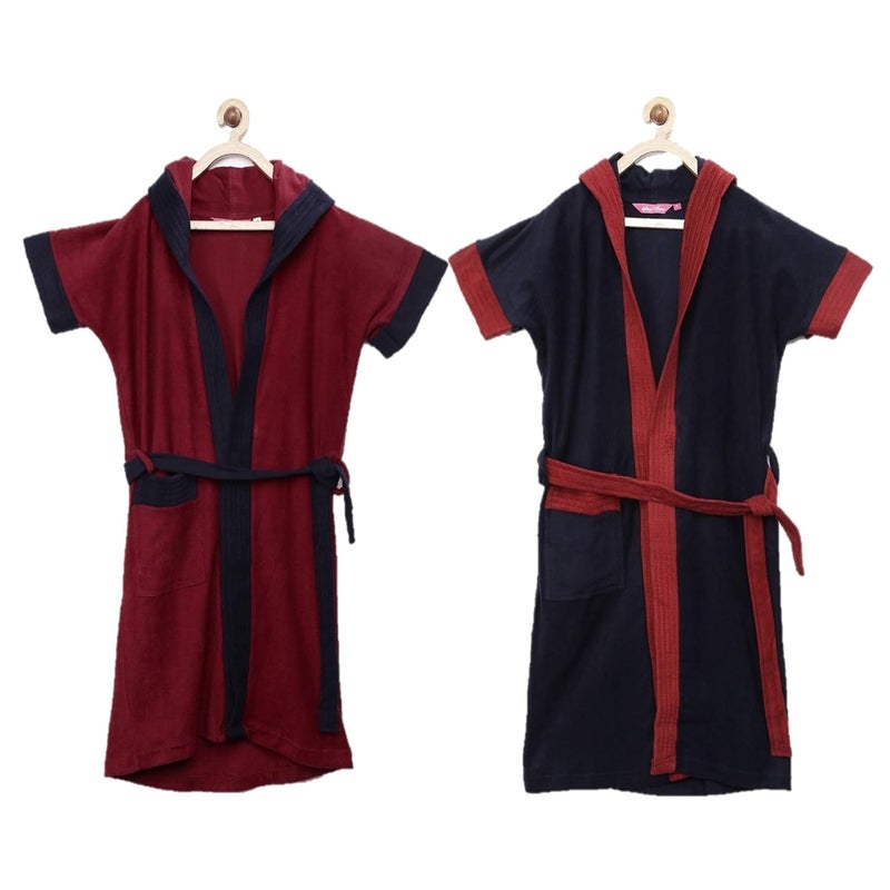 SAND DUNE Sand Dune Set of 2 Kids Hood Bathrobe for Boys Terry Cotton Bathrobe Gown Half Sleeves Knee Length Pocket with Waist Belt Combo of 2 Children Hodded Bath Robe is Available for Age Group Between 4 to 5 Years Available in 2 Colors Red Navy Blue with Border Pack of 2  - Image 1
