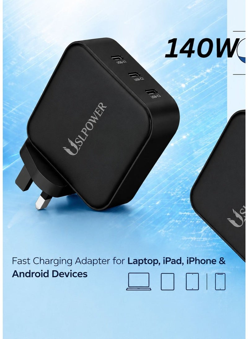 USLPOWER Power Adaptor 140W GaN Fast Charger, USB-C PD Multi-Port Wall Charger, Laptop & Mobile Fast Charging Adapter, Compatible with MacBook Pro/Air, iPhone, Samsung Galaxy, Tablets & Laptops - Image 1