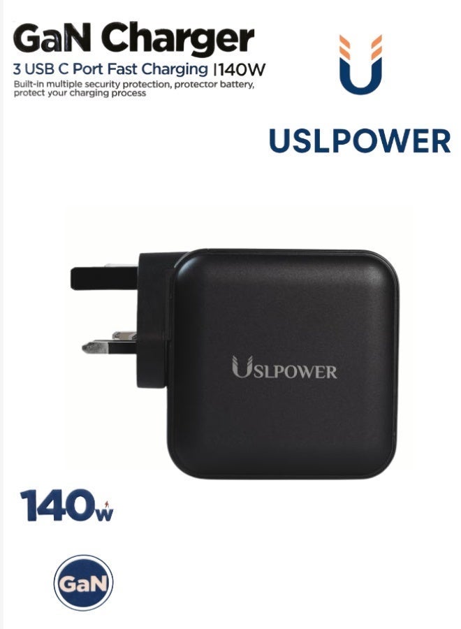 USLPOWER Power Adaptor 140W GaN Fast Charger, USB-C PD Multi-Port Wall Charger, Laptop & Mobile Fast Charging Adapter, Compatible with MacBook Pro/Air, iPhone, Samsung Galaxy, Tablets & Laptops - Image 2