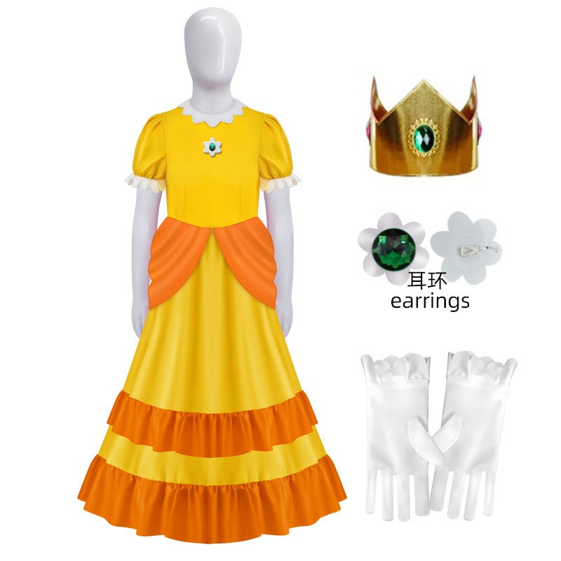 Rosalina Cosplay Dress Super Mario Galaxy Princess Costume Yellow dress [Skirt + crown + gloves + earrings]] 