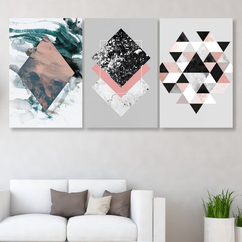 Marktna Three canvas panels with a geometric design and a hollow frame, measuring (150×70), three pieces - Image 1