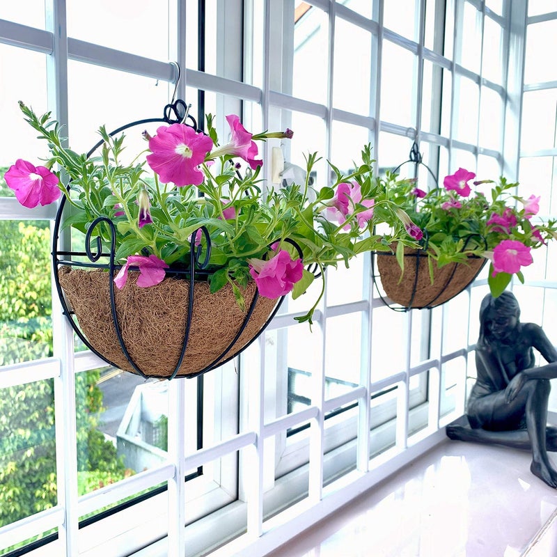 Shoplala Wall Hanging Planter for Outdoor 2 Pack 10 Inch Black Metal Hanging Flower Basket for Plants Wall Planters with Coco Liner Indoor Wall Mounted Plant Holder Outside Balcony Fence Rail Deck