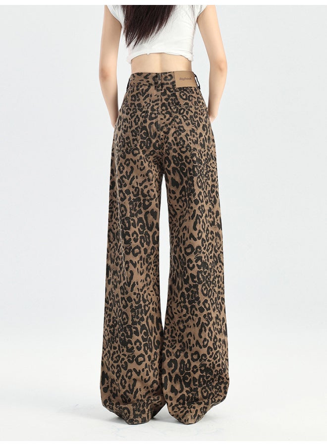 LEOPARD Print Wide-leg Jeans For Women,autumn And Winter New Style, High-waisted, Loose Fit, Slimming, Narrow Version, Fleece-lined Straight-leg Pants - Image 5