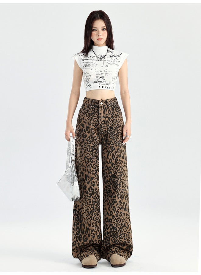 LEOPARD Print Wide-leg Jeans For Women,autumn And Winter New Style, High-waisted, Loose Fit, Slimming, Narrow Version, Fleece-lined Straight-leg Pants - Image 2