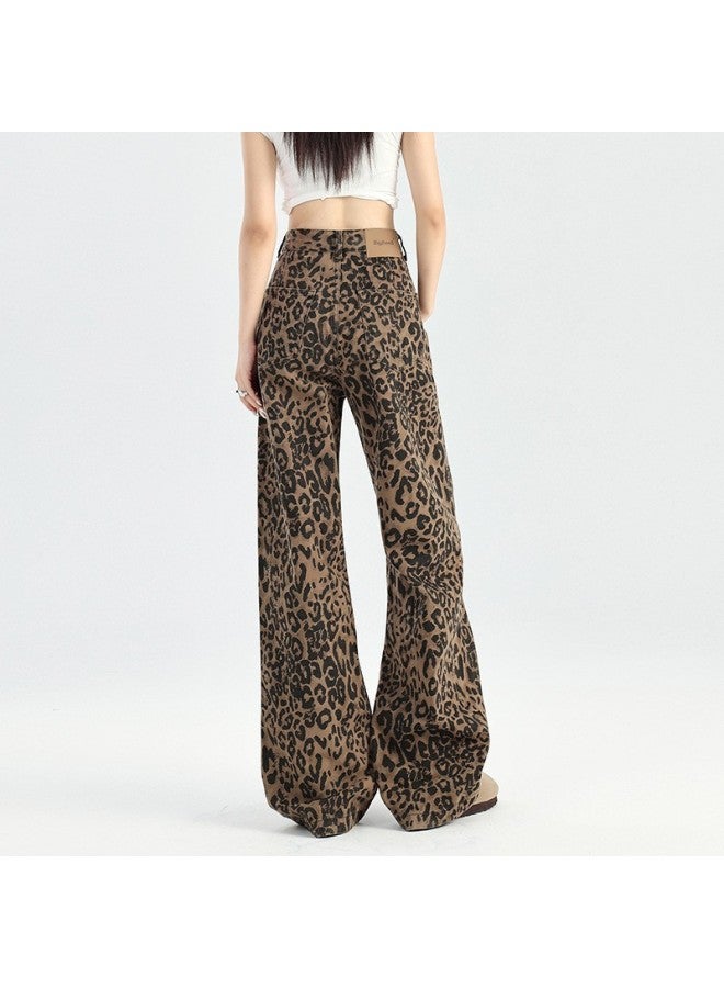 LEOPARD Print Wide-leg Jeans For Women,autumn And Winter New Style, High-waisted, Loose Fit, Slimming, Narrow Version, Fleece-lined Straight-leg Pants - Image 1