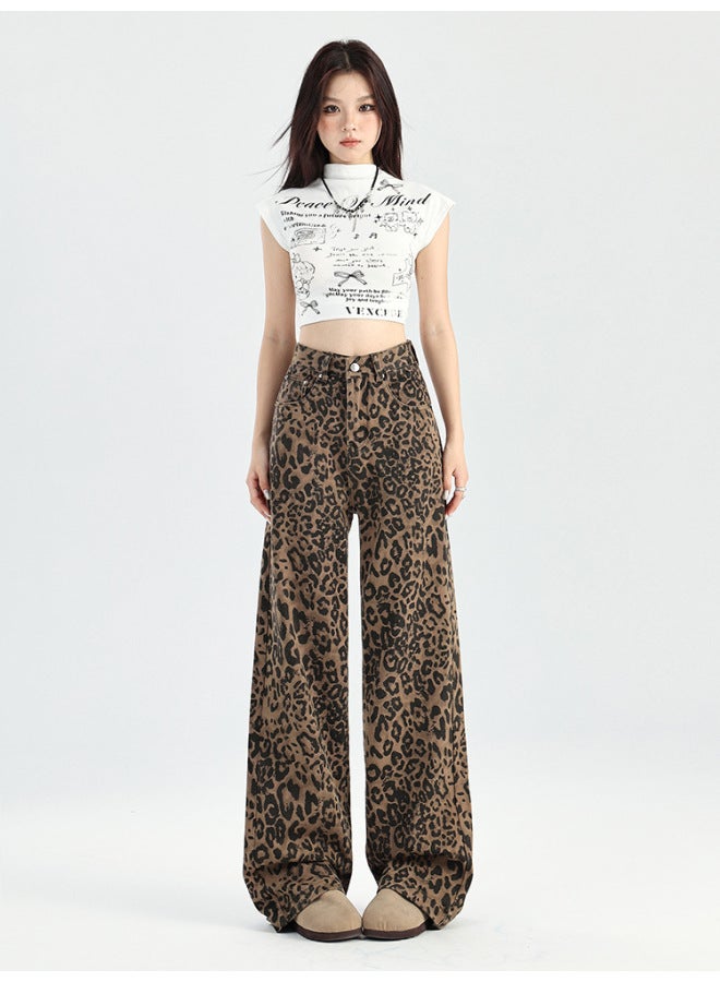 LEOPARD Print Wide-leg Jeans For Women,autumn And Winter New Style, High-waisted, Loose Fit, Slimming, Narrow Version, Fleece-lined Straight-leg Pants - Image 4
