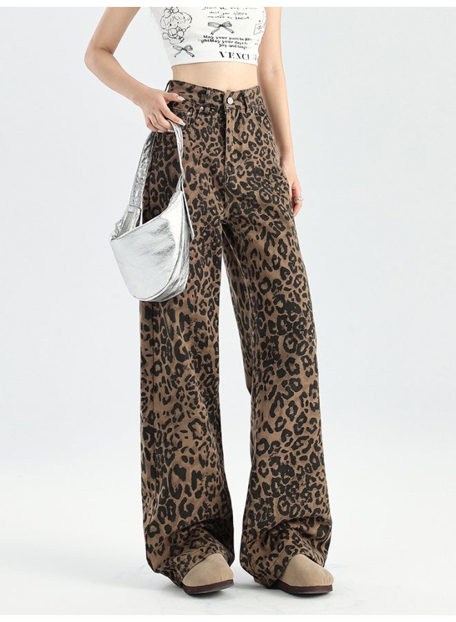 LEOPARD Print Wide-leg Jeans For Women,autumn And Winter New Style, High-waisted, Loose Fit, Slimming, Narrow Version, Fleece-lined Straight-leg Pants - Image 3