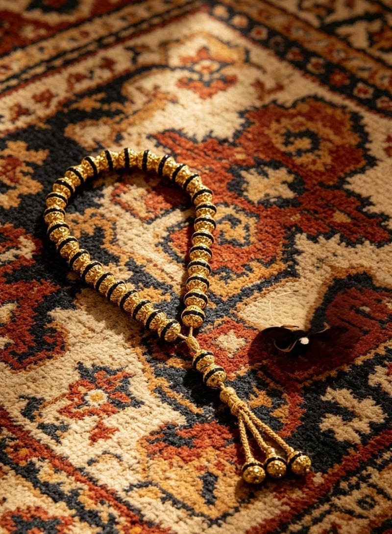 اسم المحتوى ناريلا مسبحة تسبيح إسلامية مطلية بالذهب مجوفة بخطوط سوداء 33 حبة منقوشة فاخرة، مسبحة مسلمة بشرابة معدنية ثلاثية للصلاة والذكر - Image 4