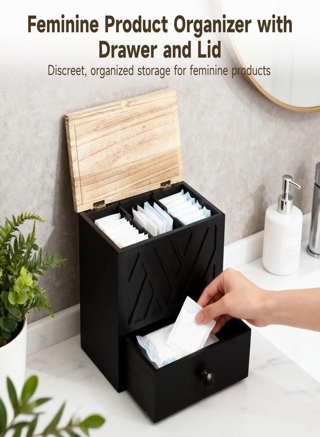 NIMBLOOM Feminine Product Organizer with Drawer, Wooden Tampon Holder for Bathroom with Flip Lid, Multi Compartment Storage Box for Pads Cotton Swabs Toiletries, 9.4 x 5.7 x 8.9 in - Image 3