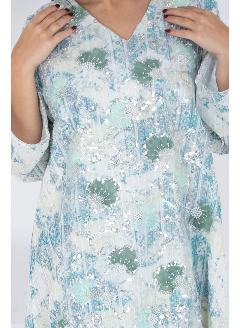 IKKXA Geometric Design Crystal Embroidery Jalabiya IK4019 Green