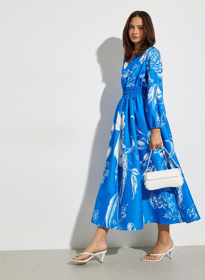 Blue Floral Rayon V Neck Maxi Dress