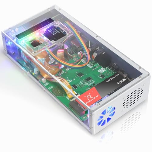 FREENOVE مجموعة صندوق الكمبيوتر Freenove لـ Raspberry Pi 5 مع مروحة تبريد، 128 جيجابايت M.2 NVMe SSD بسرعة 800 ميجابايت/ثانية، كاميرا 5 ميجابكسل، شاشة OLED بحجم 0.96 بوصة، مكبرات صوت ستيريو مدمجة، صوت 3.5 مم وبصري (S/PDIF) - Image 1
