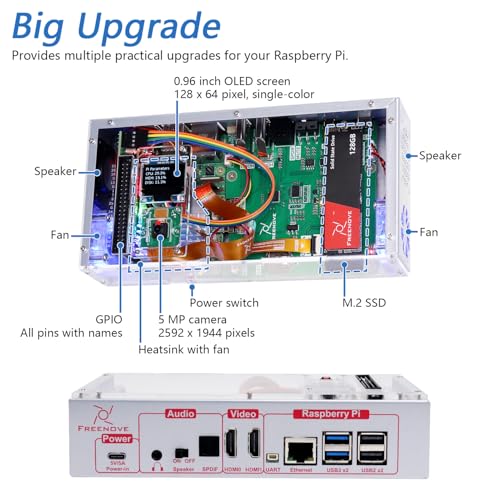 FREENOVE مجموعة صندوق الكمبيوتر Freenove لـ Raspberry Pi 5 مع مروحة تبريد، 128 جيجابايت M.2 NVMe SSD بسرعة 800 ميجابايت/ثانية، كاميرا 5 ميجابكسل، شاشة OLED بحجم 0.96 بوصة، مكبرات صوت ستيريو مدمجة، صوت 3.5 مم وبصري (S/PDIF) - Image 3