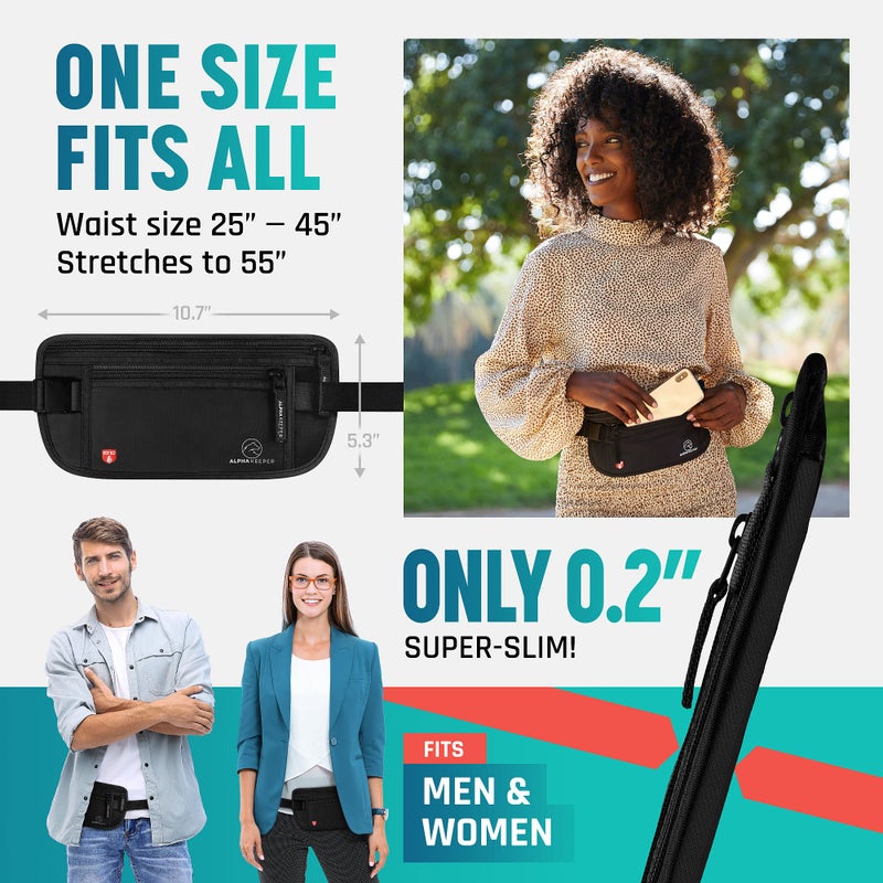 Alpha Keeper حزام المال المخفي للسفر للرجال، محفظة خصر مضادة للسرقة، حامل جواز سفر بتقنية RFID للسفر للرجال أو النساء، حقيبة نقود، حامل جواز سفر بتقنية RFID - Image 2