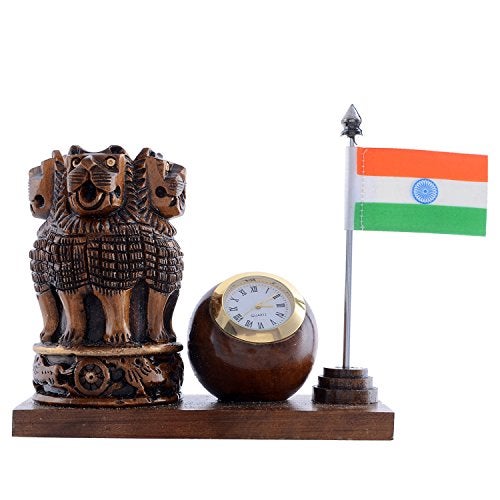Craft Trade Wooden Pen Stand With Clock - Ashok Stambh Pillar And National Flag Pencil Holder Office Decor Table Decoration Desk Organizer, Stationary, Dark Brown - Image 2